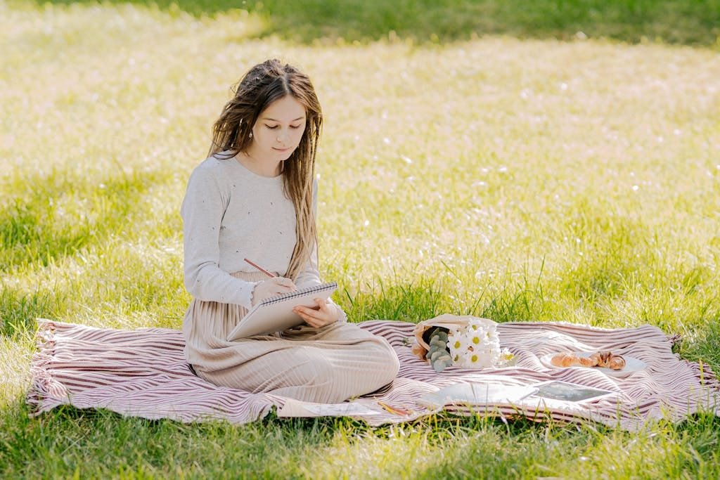 A young woman sitting on a blanket in a park, writing in a notebook on a sunny day.